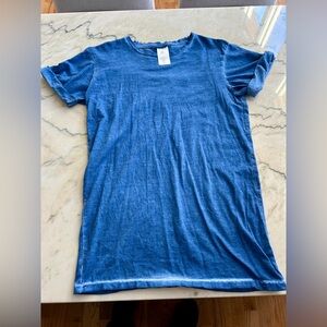 LOVE brand t-shirt, says F/U/C/K covid 19 by LOVE in neon green on washed blue-S